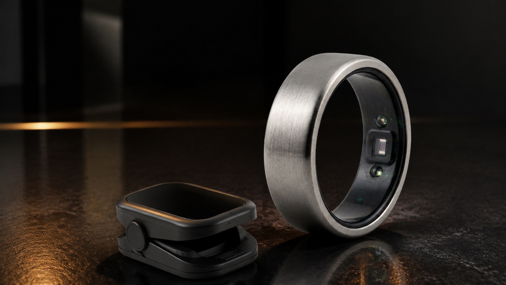 CivAsc Smart Ring beside an unbranded pulse oximeter concept in a dark mineral studio