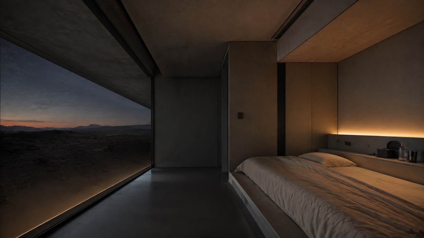 A quiet sleep alcove inside a desert habitat before dawn