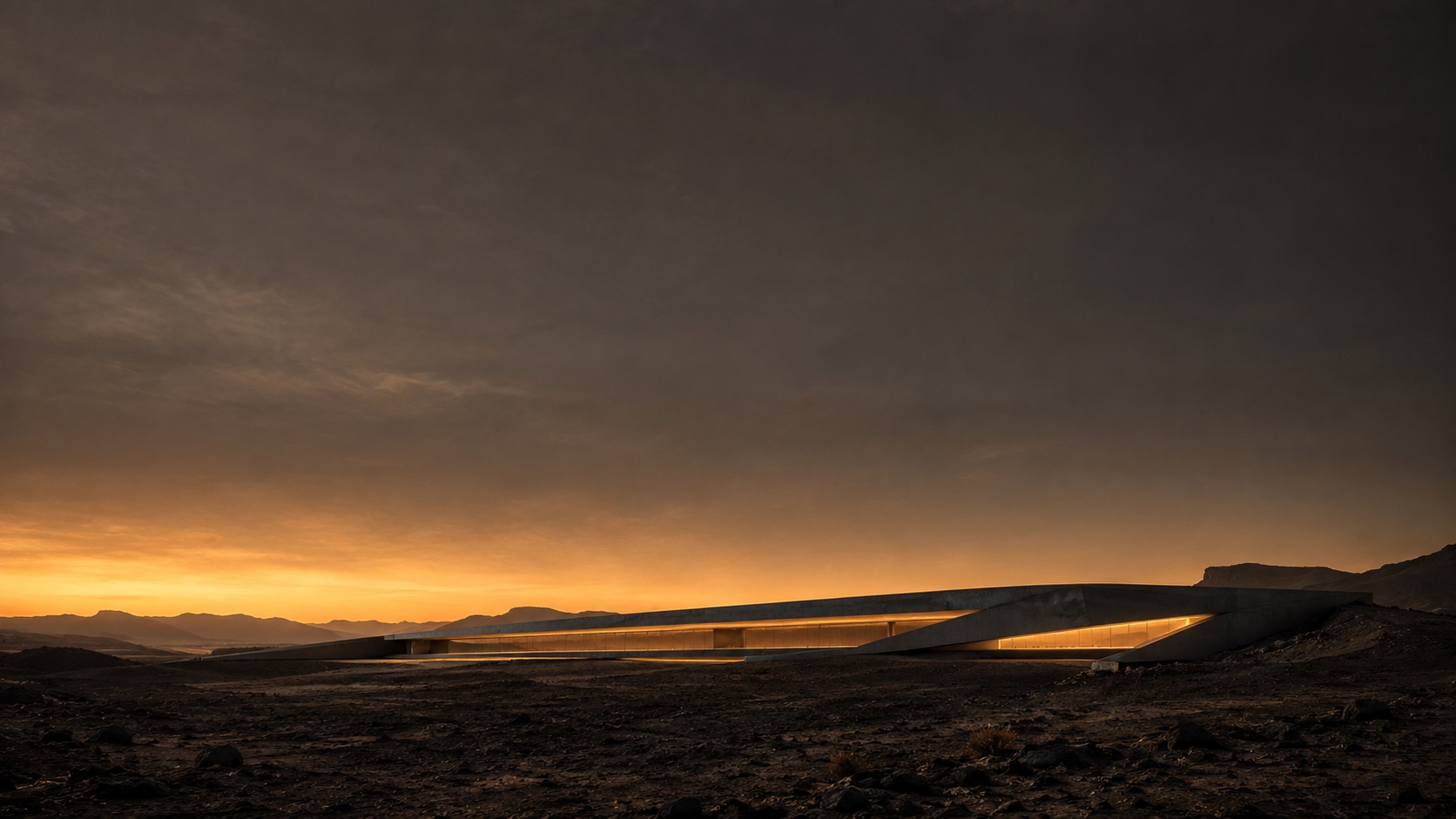 A low research pavilion in a volcanic desert at dusk