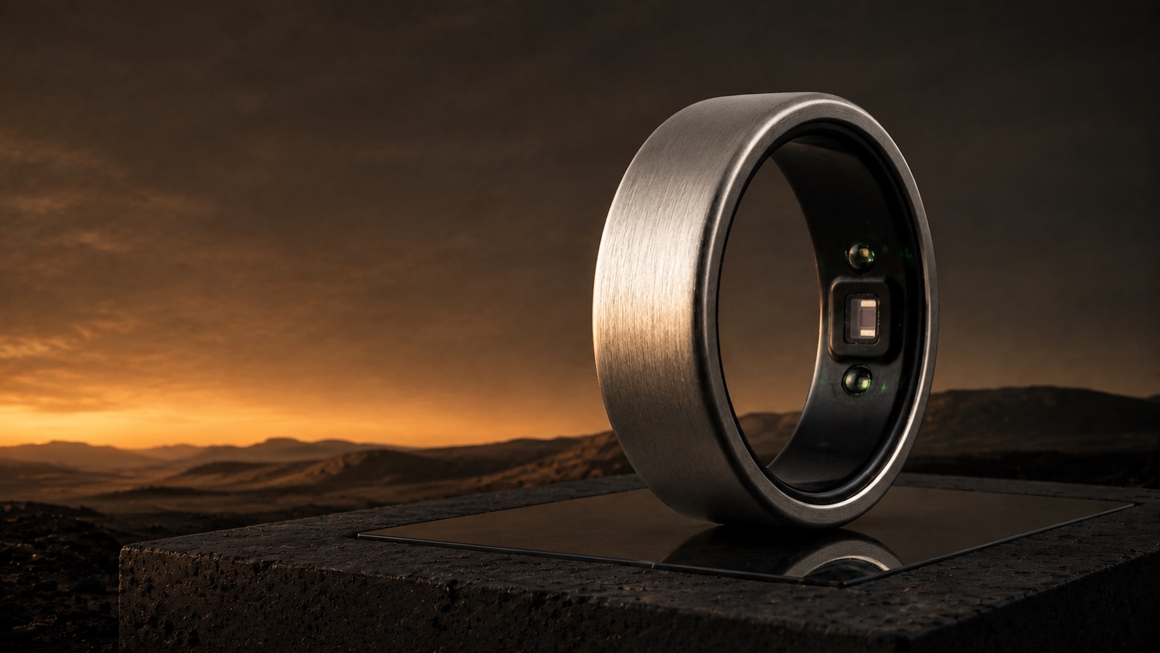 CivAsc Smart Ring on volcanic stone at dusk