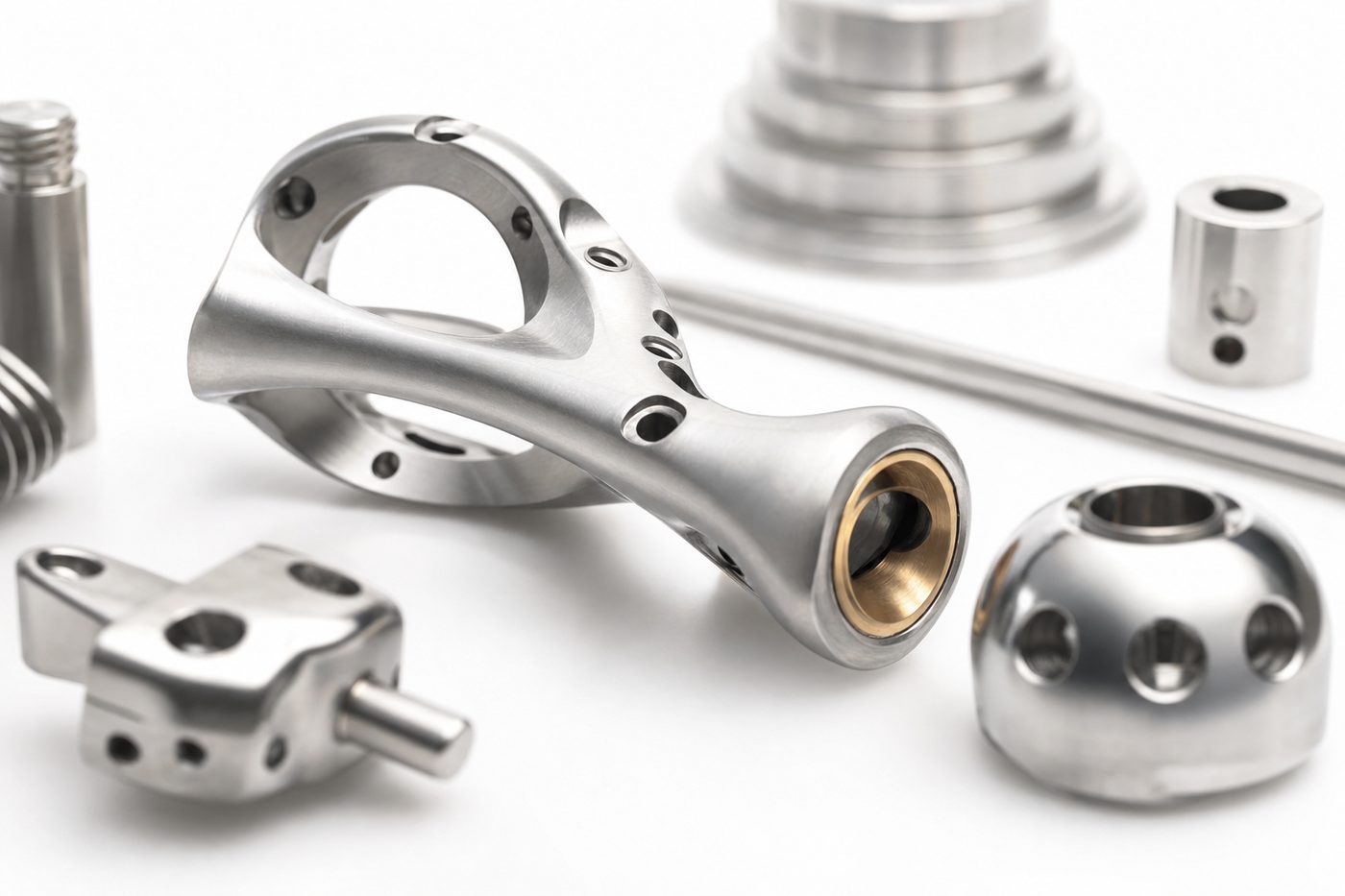 Precision engineered silver components in soft studio light