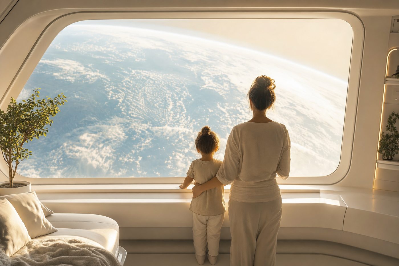 Parent and child watching Earth from a bright habitat window