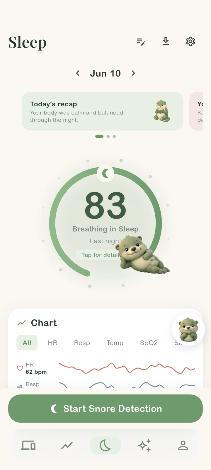 JoyOtter sleep and breathing score interface on iPhone